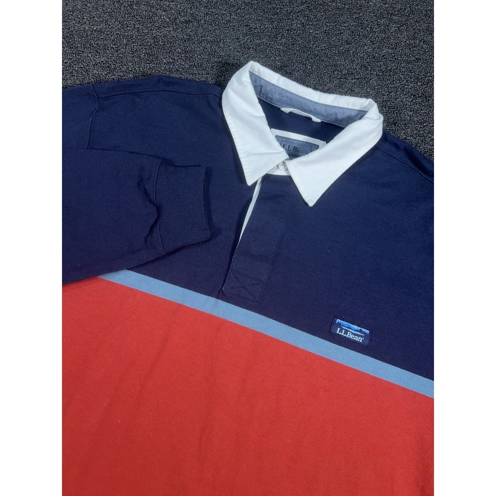 LL Bean Rugby Shirt Men's 2XLT Blue Striped Preppy Long Sleeve Polo Cotton